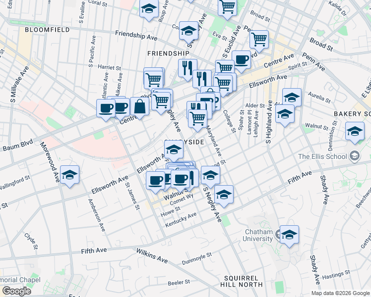 map of restaurants, bars, coffee shops, grocery stores, and more near 600 South Negley Avenue in Pittsburgh