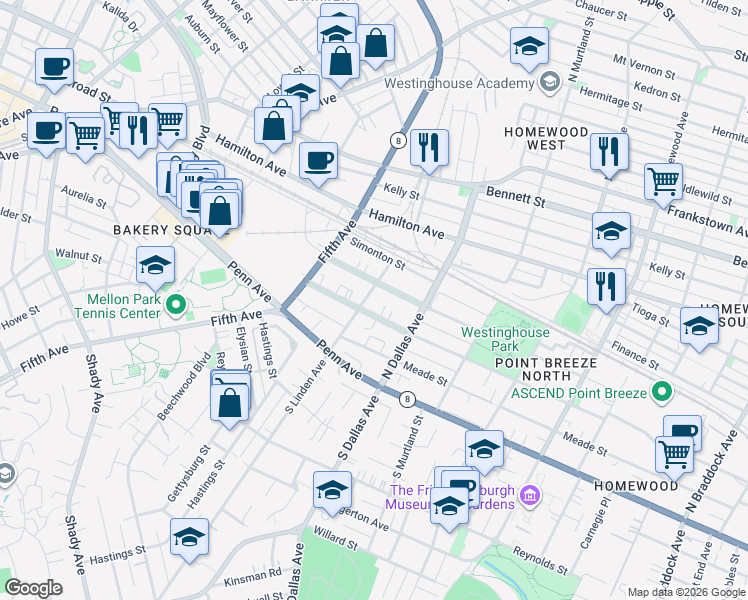 map of restaurants, bars, coffee shops, grocery stores, and more near 6801 McPherson Boulevard in Pittsburgh