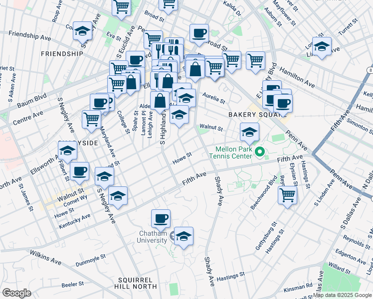 map of restaurants, bars, coffee shops, grocery stores, and more near 6214 Walnut Street in Pittsburgh