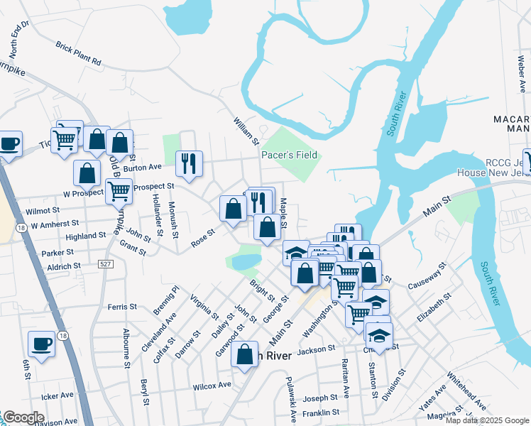 map of restaurants, bars, coffee shops, grocery stores, and more near 23 William Street in South River