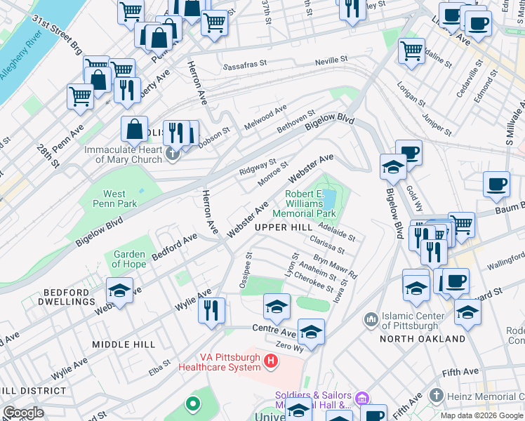 map of restaurants, bars, coffee shops, grocery stores, and more near in Pittsburgh