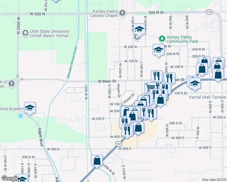 map of restaurants, bars, coffee shops, grocery stores, and more near 1307 West 50 South in Vernal