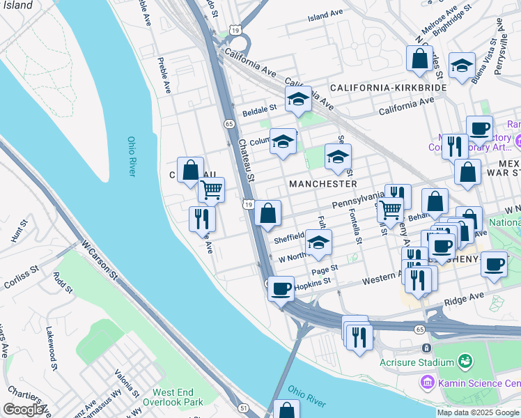 map of restaurants, bars, coffee shops, grocery stores, and more near in Pittsburgh