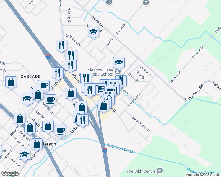 map of restaurants, bars, coffee shops, grocery stores, and more near 2770 Balls Ferry Road in Anderson