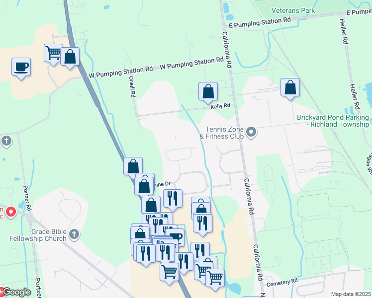 map of restaurants, bars, coffee shops, grocery stores, and more near 212 Cedar Drive in Quakertown