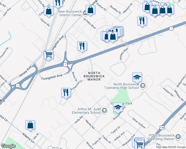 map of restaurants, bars, coffee shops, grocery stores, and more near 615 Bishop Boulevard in New Brunswick