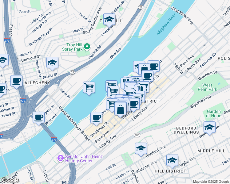 map of restaurants, bars, coffee shops, grocery stores, and more near 2 23rd Street in Pittsburgh