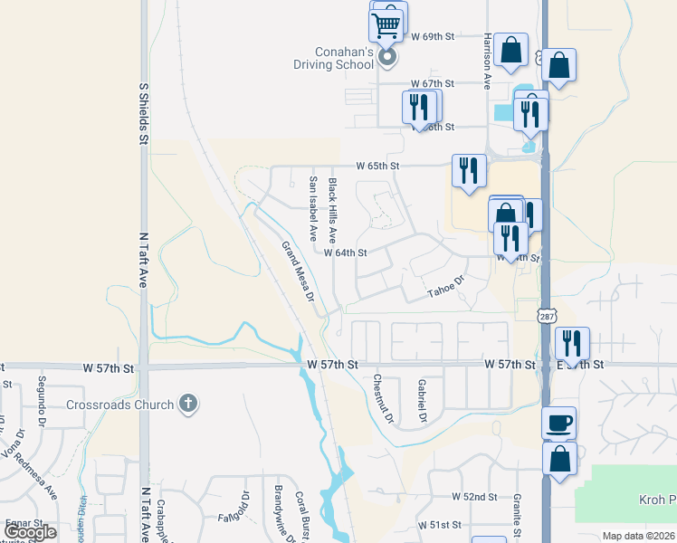 map of restaurants, bars, coffee shops, grocery stores, and more near 6368 Black Hills Avenue in Loveland