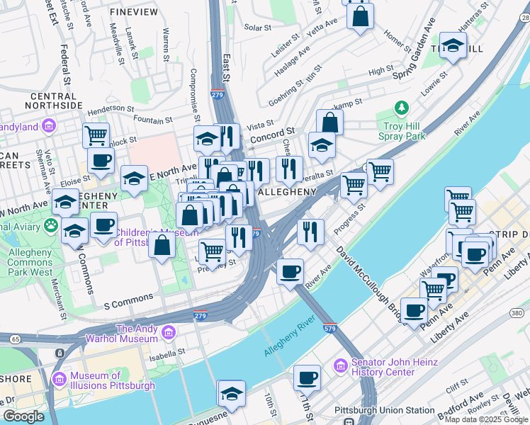 map of restaurants, bars, coffee shops, grocery stores, and more near in Pittsburgh