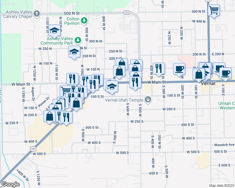 map of restaurants, bars, coffee shops, grocery stores, and more near 679 West Main Street in Vernal
