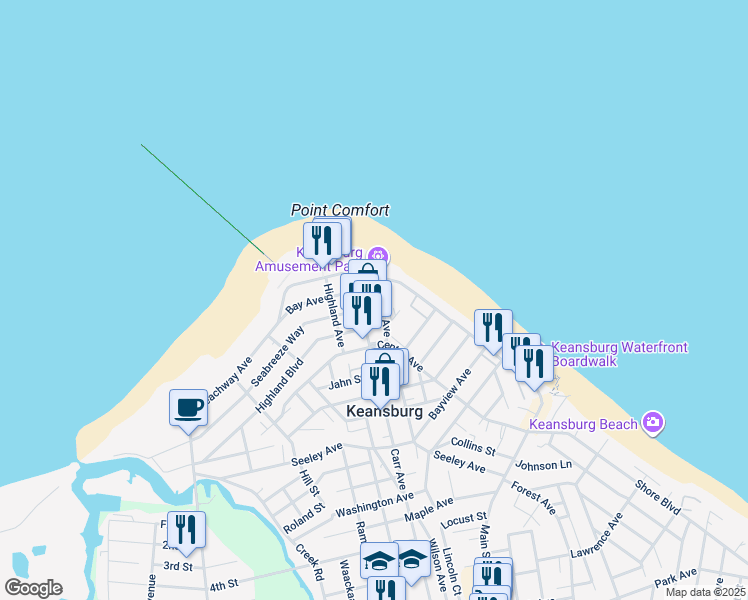 map of restaurants, bars, coffee shops, grocery stores, and more near 250 Beachway Avenue in Keansburg