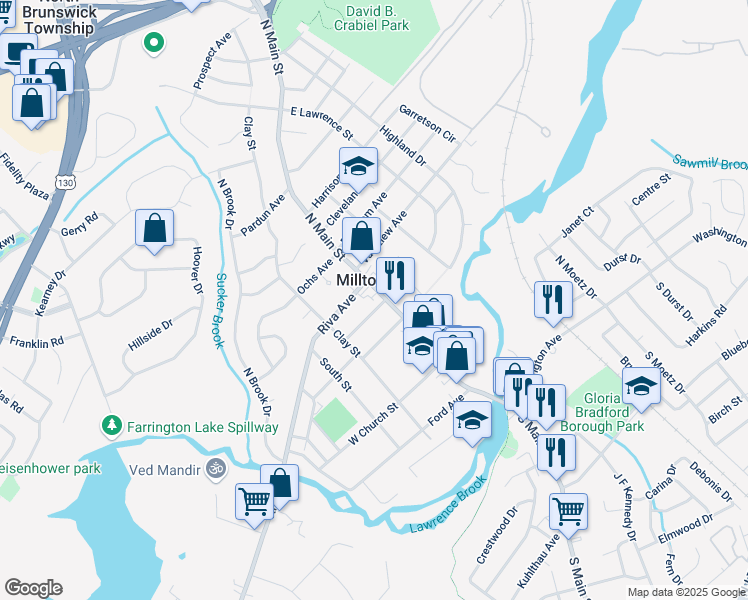 map of restaurants, bars, coffee shops, grocery stores, and more near in Milltown