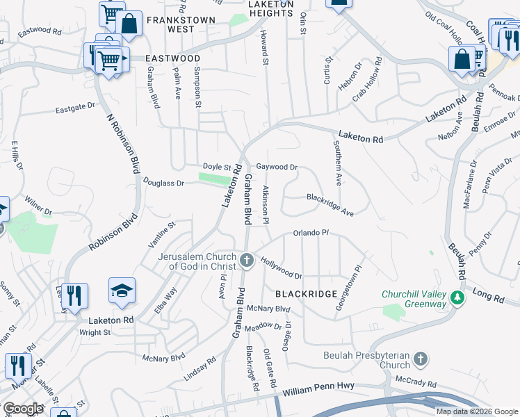 map of restaurants, bars, coffee shops, grocery stores, and more near 1842 Graham Boulevard in Pittsburgh