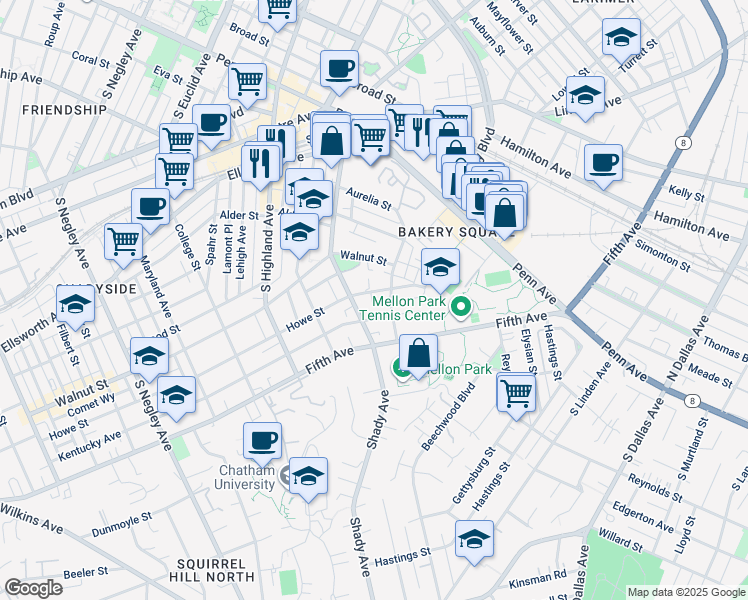 map of restaurants, bars, coffee shops, grocery stores, and more near 342 Denniston Street in Pittsburgh