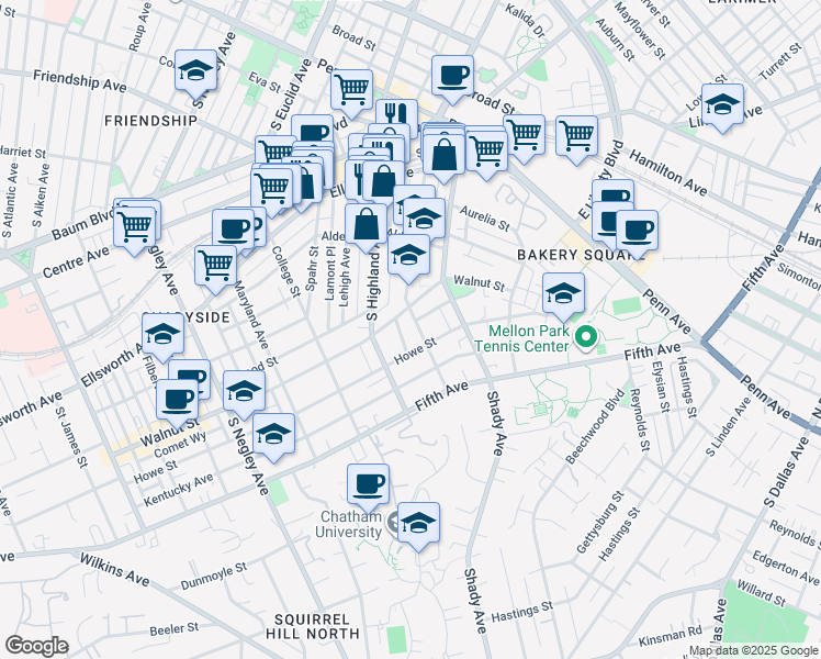 map of restaurants, bars, coffee shops, grocery stores, and more near 6105 Walnut Street in Pittsburgh