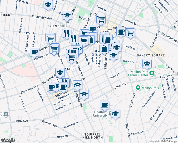 map of restaurants, bars, coffee shops, grocery stores, and more near 5824 Holden Street in Pittsburgh