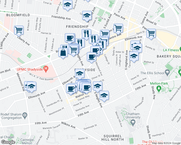 map of restaurants, bars, coffee shops, grocery stores, and more near in Pittsburgh