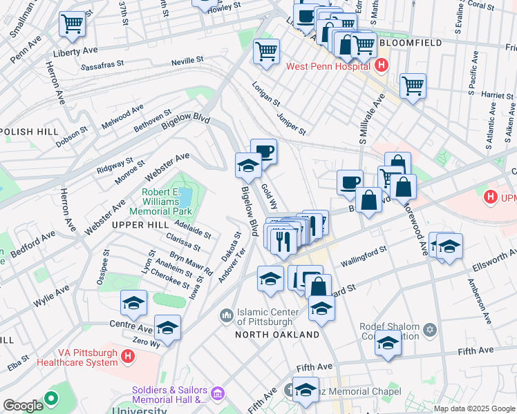 map of restaurants, bars, coffee shops, grocery stores, and more near 3879 Bigelow Boulevard in Pittsburgh
