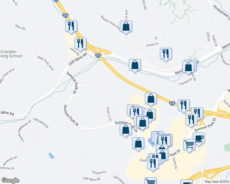 map of restaurants, bars, coffee shops, grocery stores, and more near 3000 Park Lane Drive in Pittsburgh