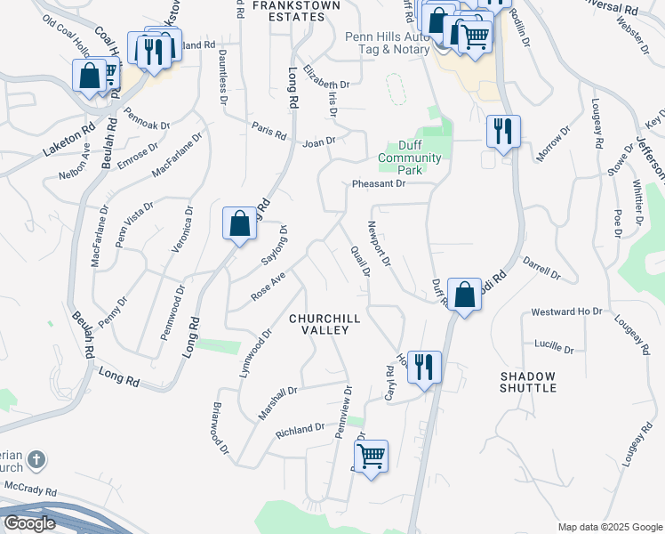 map of restaurants, bars, coffee shops, grocery stores, and more near 424 Rose Avenue in Pittsburgh