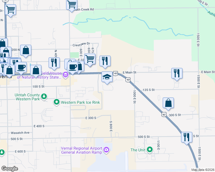 map of restaurants, bars, coffee shops, grocery stores, and more near 830 East Main Street in Vernal
