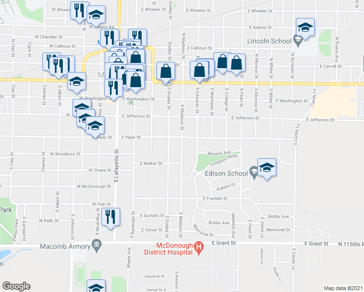map of restaurants, bars, coffee shops, grocery stores, and more near 432 South Madison Street in Macomb