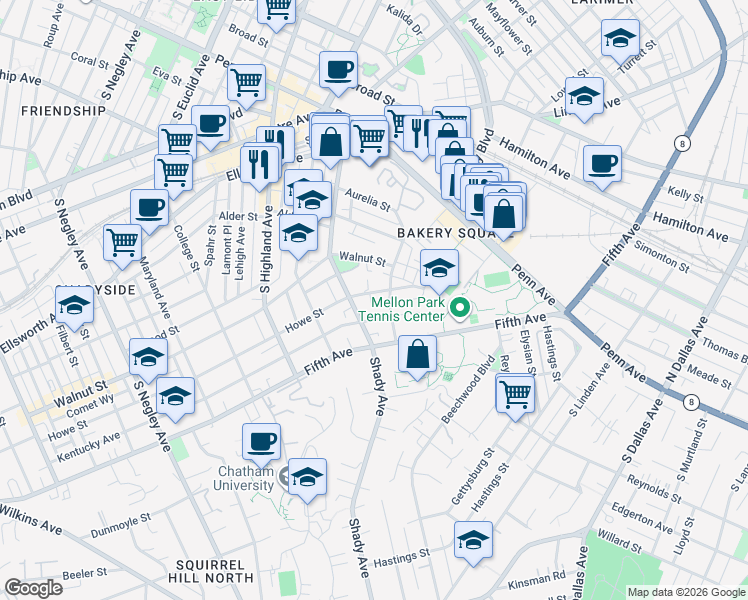 map of restaurants, bars, coffee shops, grocery stores, and more near 342 Denniston Street in Pittsburgh