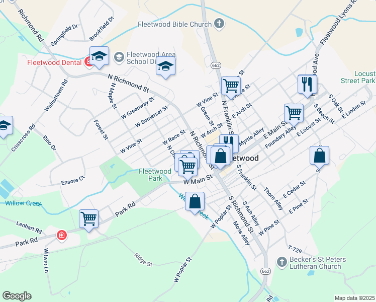 map of restaurants, bars, coffee shops, grocery stores, and more near 200 West Arch Street in Fleetwood