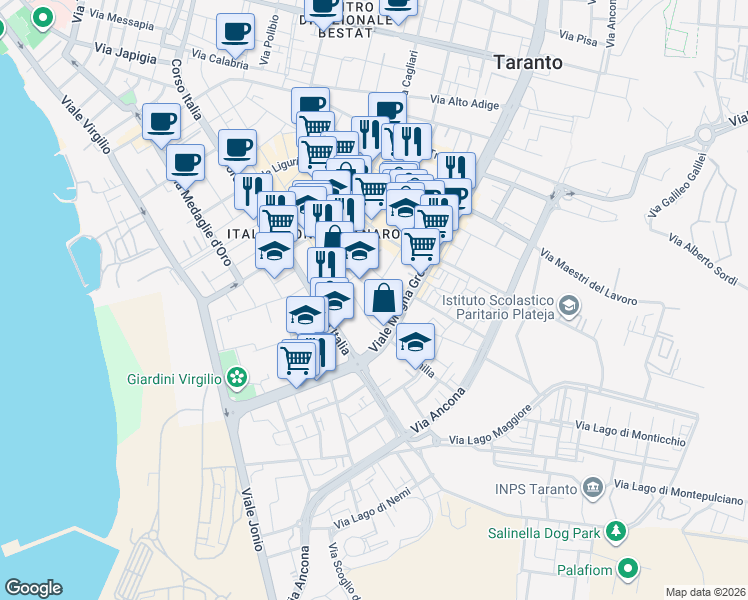 map of restaurants, bars, coffee shops, grocery stores, and more near 102 Via Lazio in Taranto