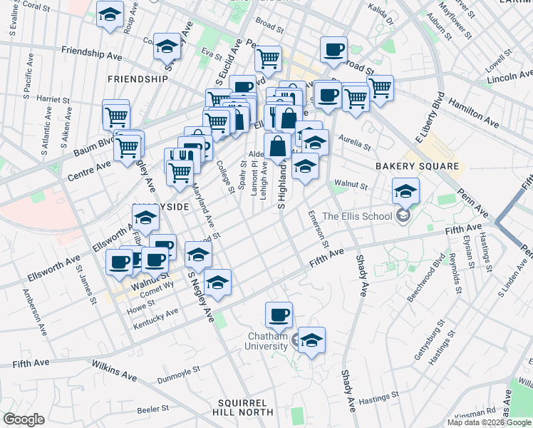 map of restaurants, bars, coffee shops, grocery stores, and more near 375 Lehigh Avenue in Pittsburgh