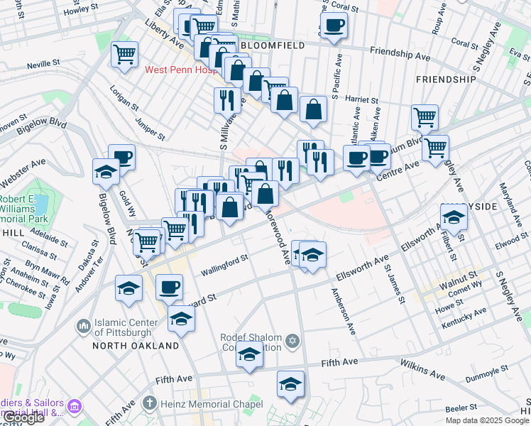 map of restaurants, bars, coffee shops, grocery stores, and more near in Pittsburgh