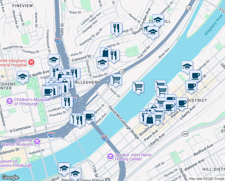 map of restaurants, bars, coffee shops, grocery stores, and more near Heinz Street in Pittsburgh