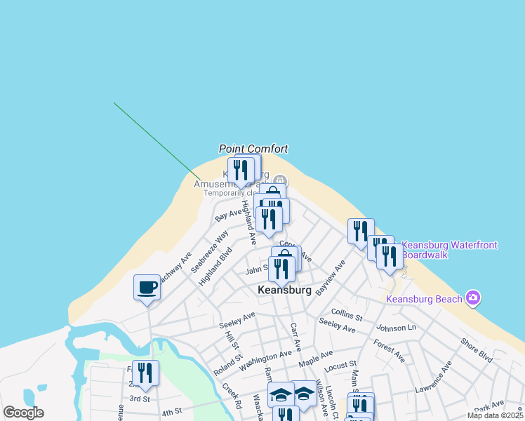 map of restaurants, bars, coffee shops, grocery stores, and more near 274 Beachway Avenue in Keansburg