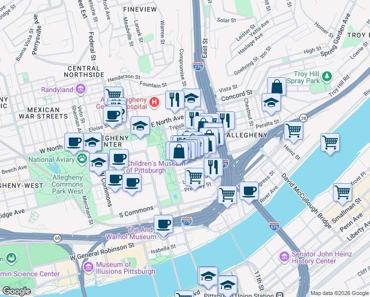 map of restaurants, bars, coffee shops, grocery stores, and more near 820 James Street in Pittsburgh