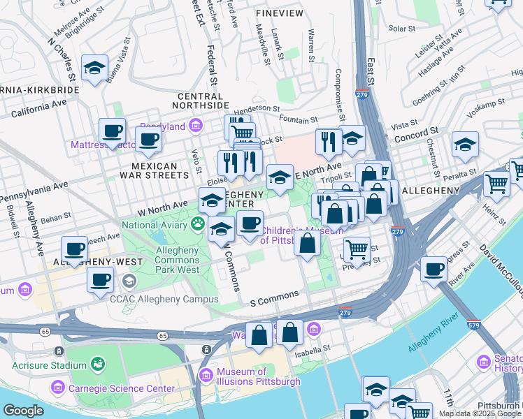 map of restaurants, bars, coffee shops, grocery stores, and more near 11 Montgomery Place in Pittsburgh