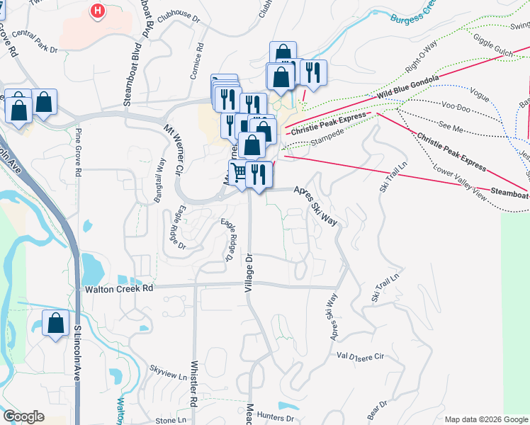 map of restaurants, bars, coffee shops, grocery stores, and more near 2700 Village Drive in Steamboat Springs