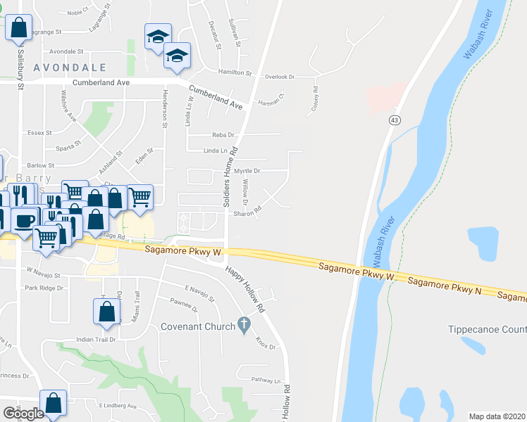 map of restaurants, bars, coffee shops, grocery stores, and more near 221 Sharon Road in West Lafayette