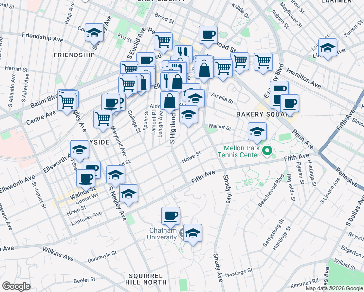 map of restaurants, bars, coffee shops, grocery stores, and more near 6105 Walnut Street in Pittsburgh