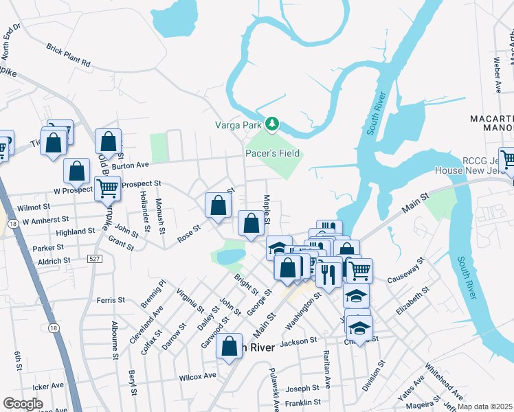 map of restaurants, bars, coffee shops, grocery stores, and more near 40 William Street in South River