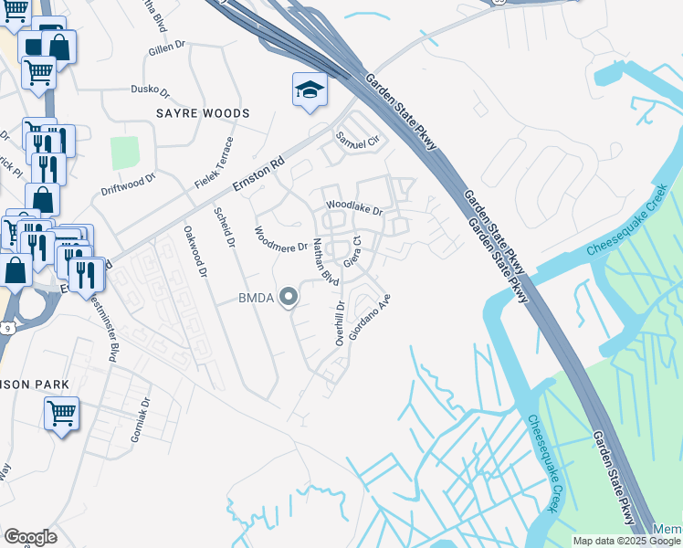 map of restaurants, bars, coffee shops, grocery stores, and more near 87 Giera Court in Sayreville