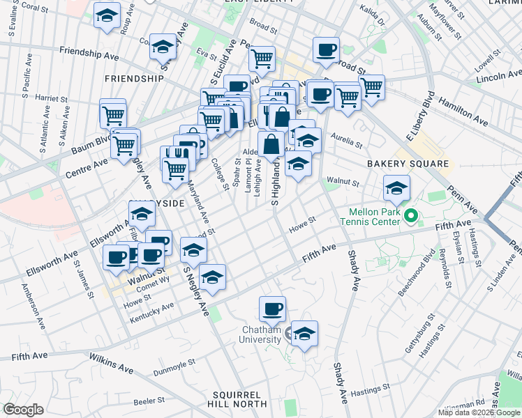 map of restaurants, bars, coffee shops, grocery stores, and more near 5932 Elwood Street in Pittsburgh