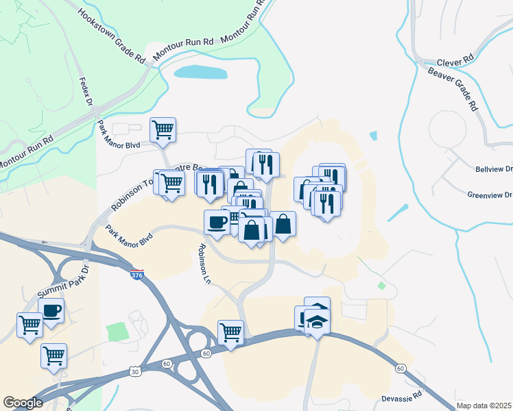 map of restaurants, bars, coffee shops, grocery stores, and more near 6491 Robinson Centre Drive in Pittsburgh