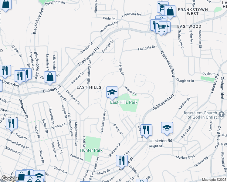 map of restaurants, bars, coffee shops, grocery stores, and more near 2237 East Hills Drive in Pittsburgh
