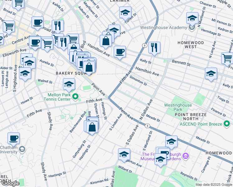 map of restaurants, bars, coffee shops, grocery stores, and more near 6705 Thomas Boulevard in Pittsburgh