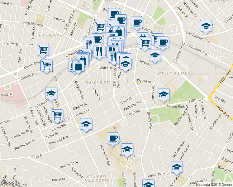 map of restaurants, bars, coffee shops, grocery stores, and more near 6105 Walnut Street in Pittsburgh