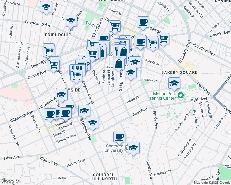 map of restaurants, bars, coffee shops, grocery stores, and more near 375 Lehigh Avenue in Pittsburgh
