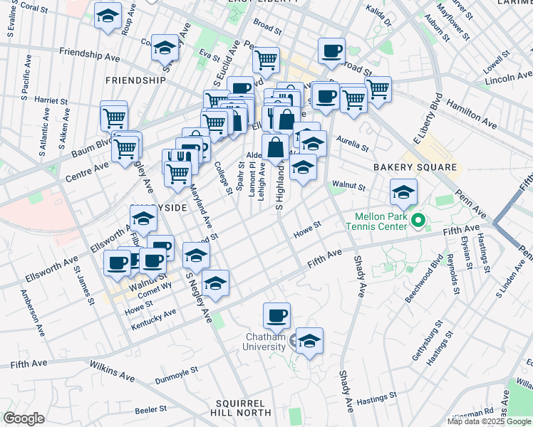 map of restaurants, bars, coffee shops, grocery stores, and more near 375 Lehigh Avenue in Pittsburgh