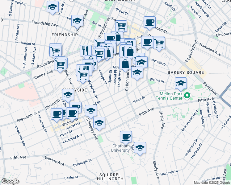 map of restaurants, bars, coffee shops, grocery stores, and more near 375 Spahr Street in Pittsburgh
