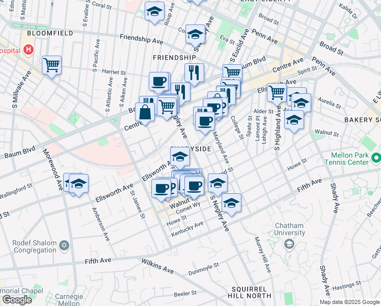map of restaurants, bars, coffee shops, grocery stores, and more near in Pittsburgh