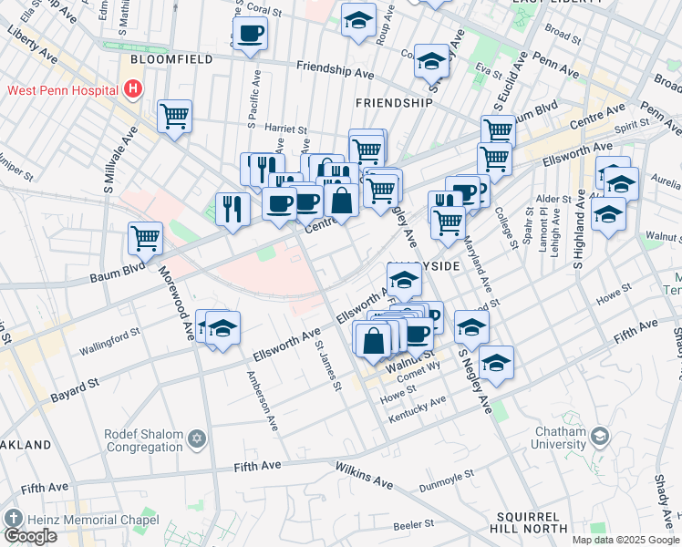 map of restaurants, bars, coffee shops, grocery stores, and more near 411 Noble Street in Pittsburgh